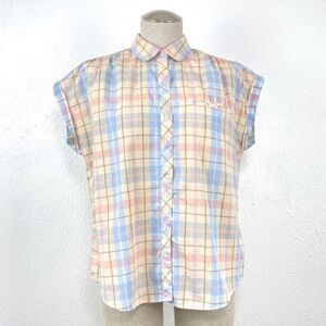 Vintage 80s Pastel Plaid Lightweight Short Sleeve Button Up Single Stitch Shirt